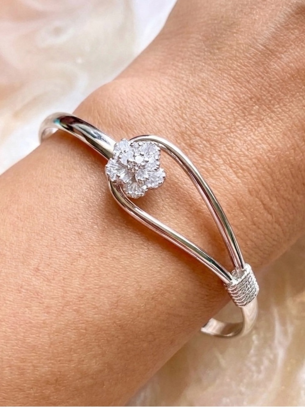 Silver Floral Accent Bangle Bracelet